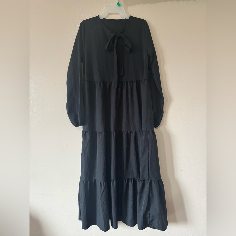 SHEIN Solid Black Bow Tie Neck Dress L